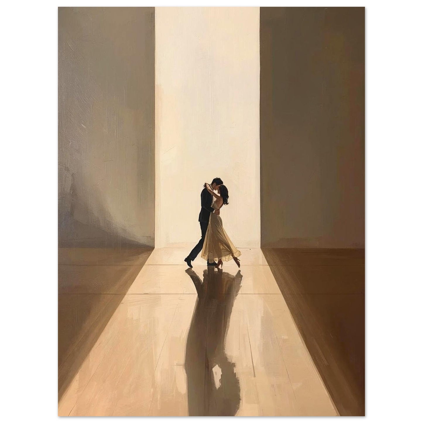 Two people embracing in a softly lit room with a warm glow.