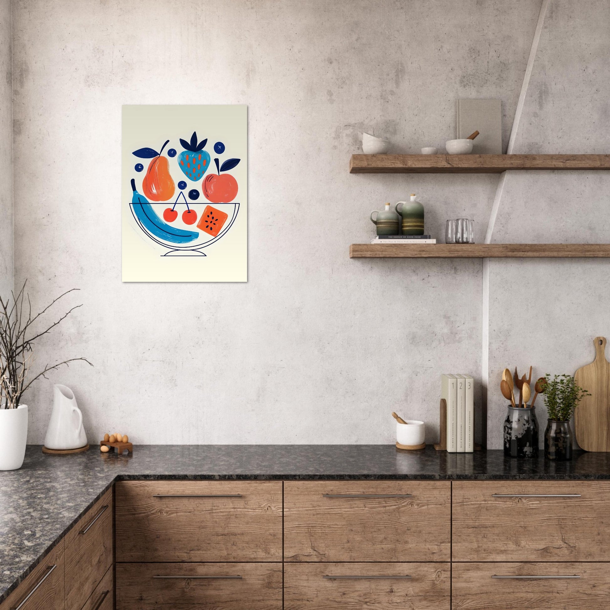 Kitchen interior with a colorful abstract painting on the wall