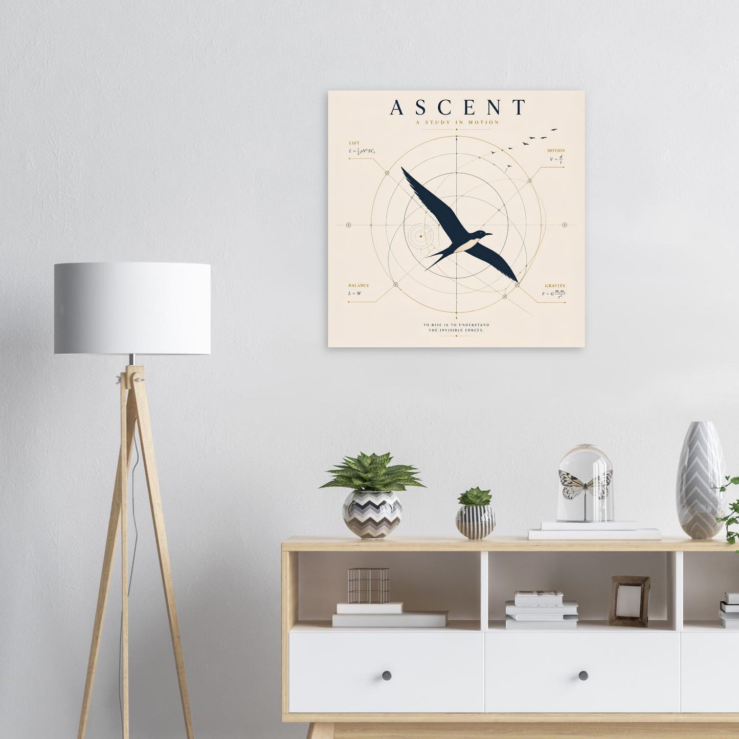 Minimalist bird wall art displayed above a contemporary sideboard in a bright Scandinavian-style living room.