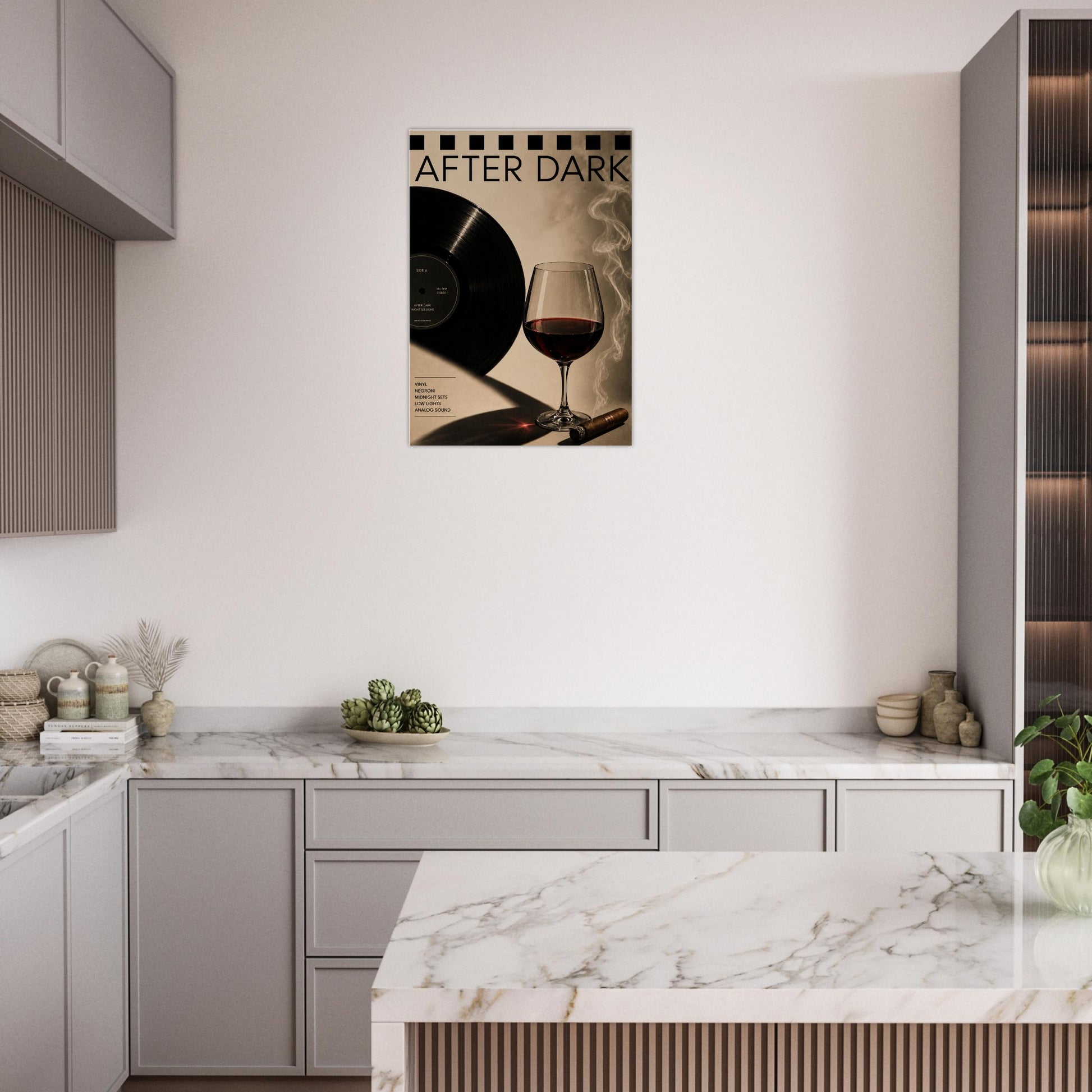 Kitchen interior with a 'After Dark' album cover poster on the wall.