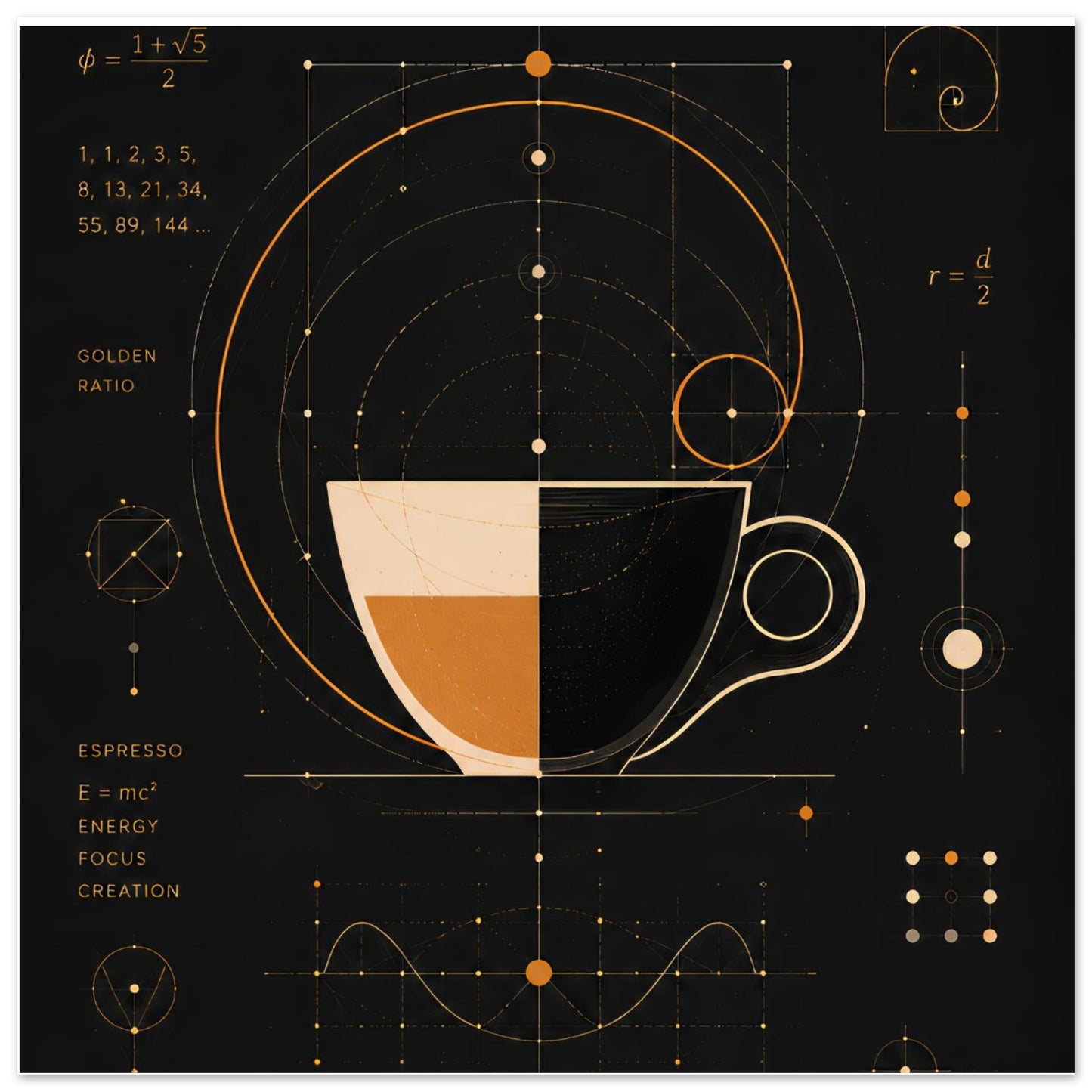 Design of a coffee cup with geometric and mathematical elements on a black background