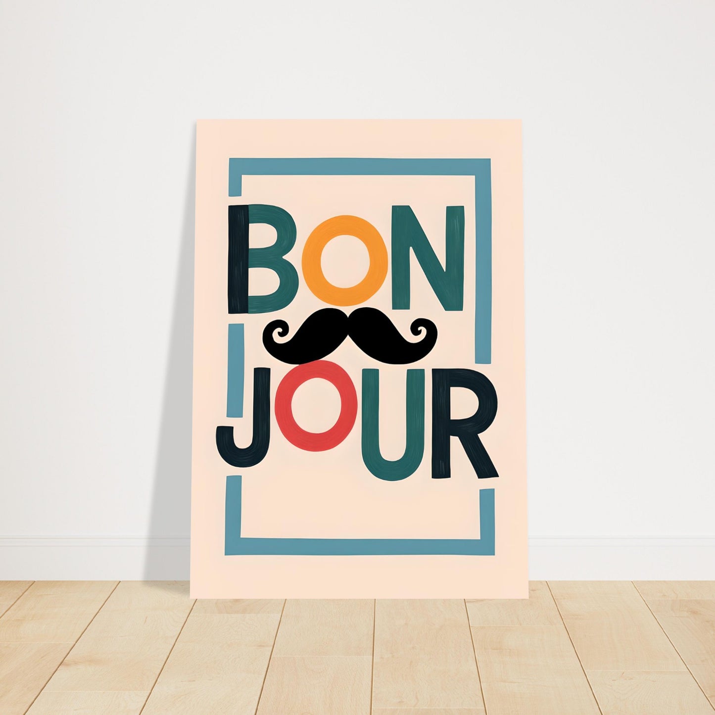 Bonjour Poster - Quirky French Greeting Wall Art with Mustache - Fun Living Room & Café Decor