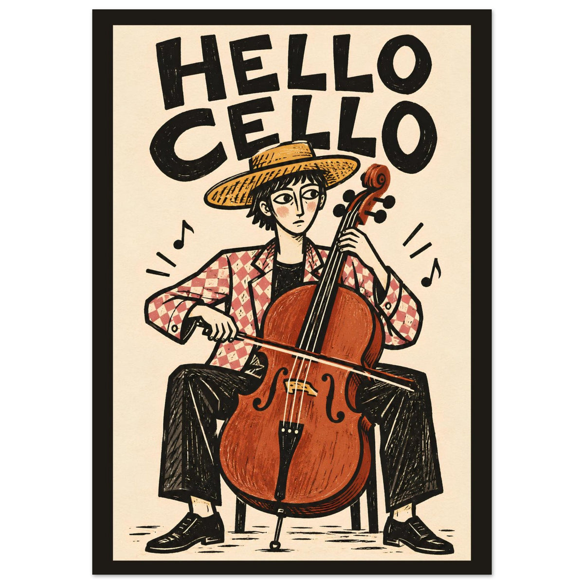 A framed art print featuring a stylized illustration of a person playing a cello, with the text 'HELLO CELLO' at the top. The print has a cream background, bold black lettering, and a black frame.