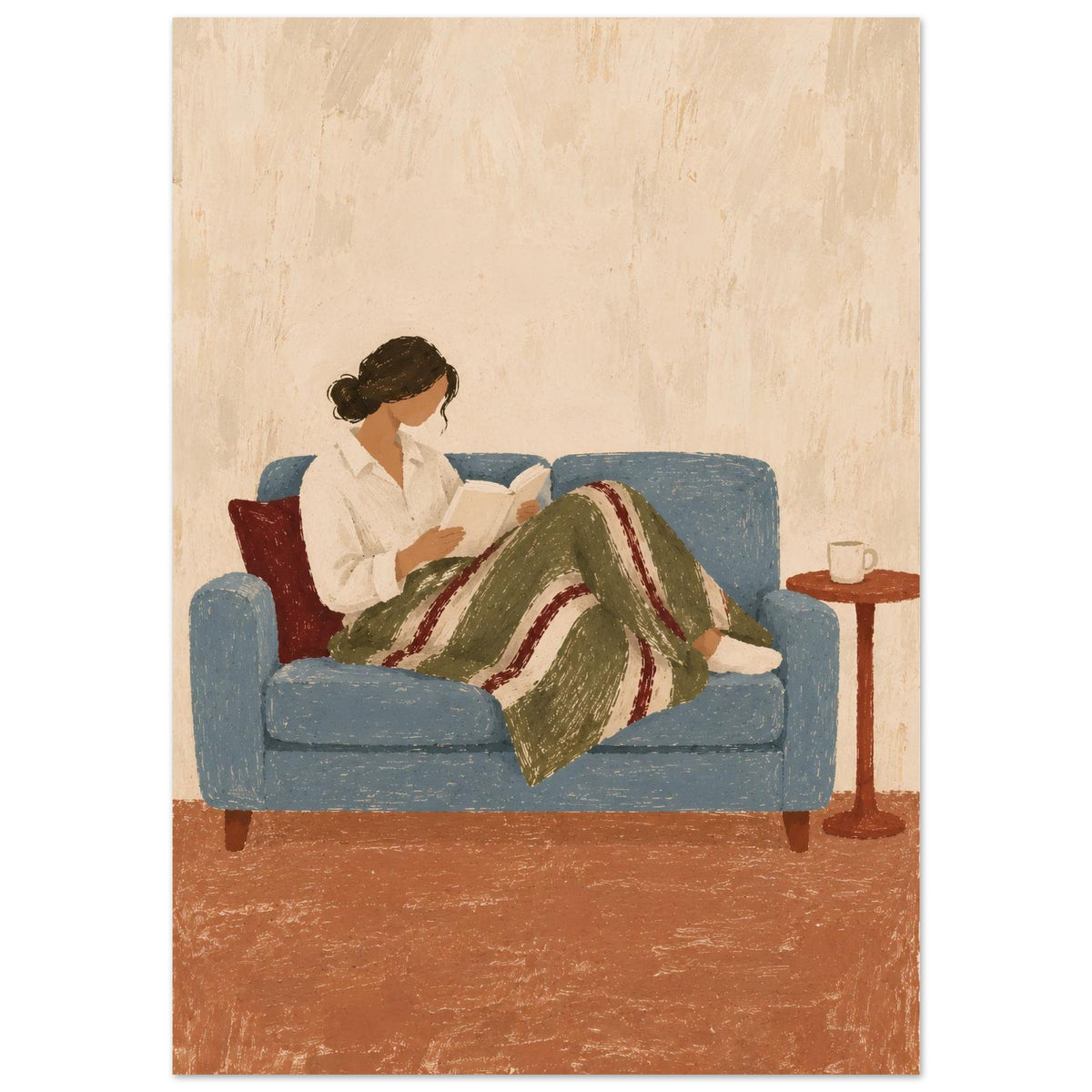 A painting-style illustration of a woman sitting on a blue couch and reading a book, wrapped in a green, white, and red striped blanket, with a small side table holding a mug beside her.