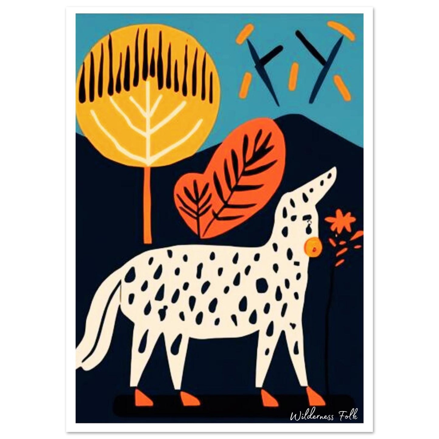 Illustration of a spotted dog with trees and leaves on a blue background