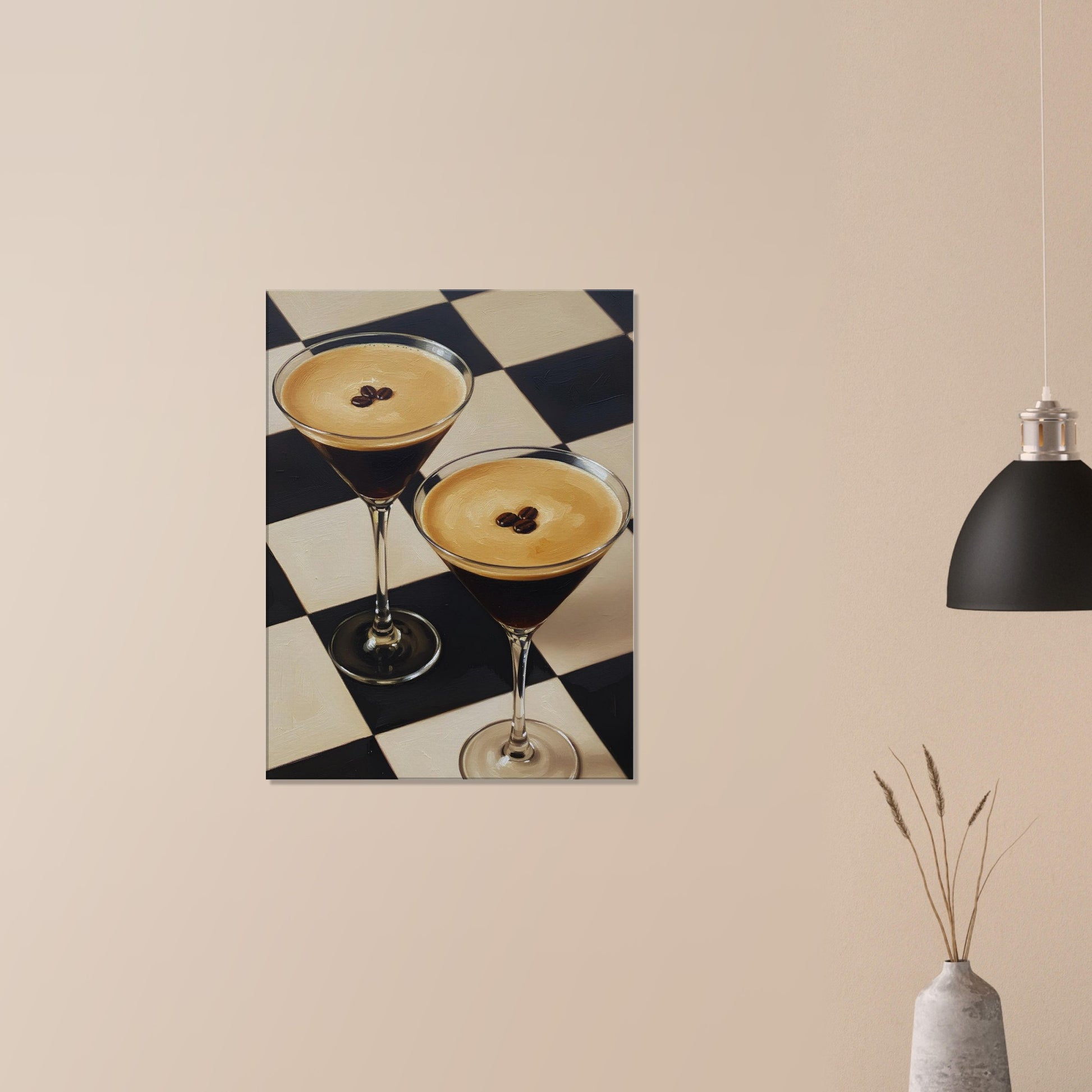 A vertical canvas showing two martini glasses on a black-and-white checkered surface, displayed on a beige wall in a styled interior with a hanging lamp and vase.
