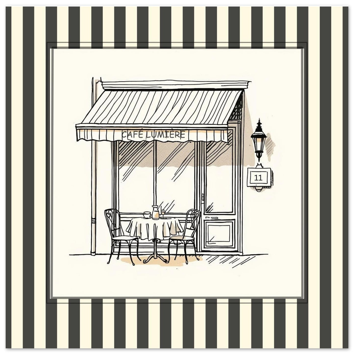 Close-up of Café Lumière Paris square art print with striped border