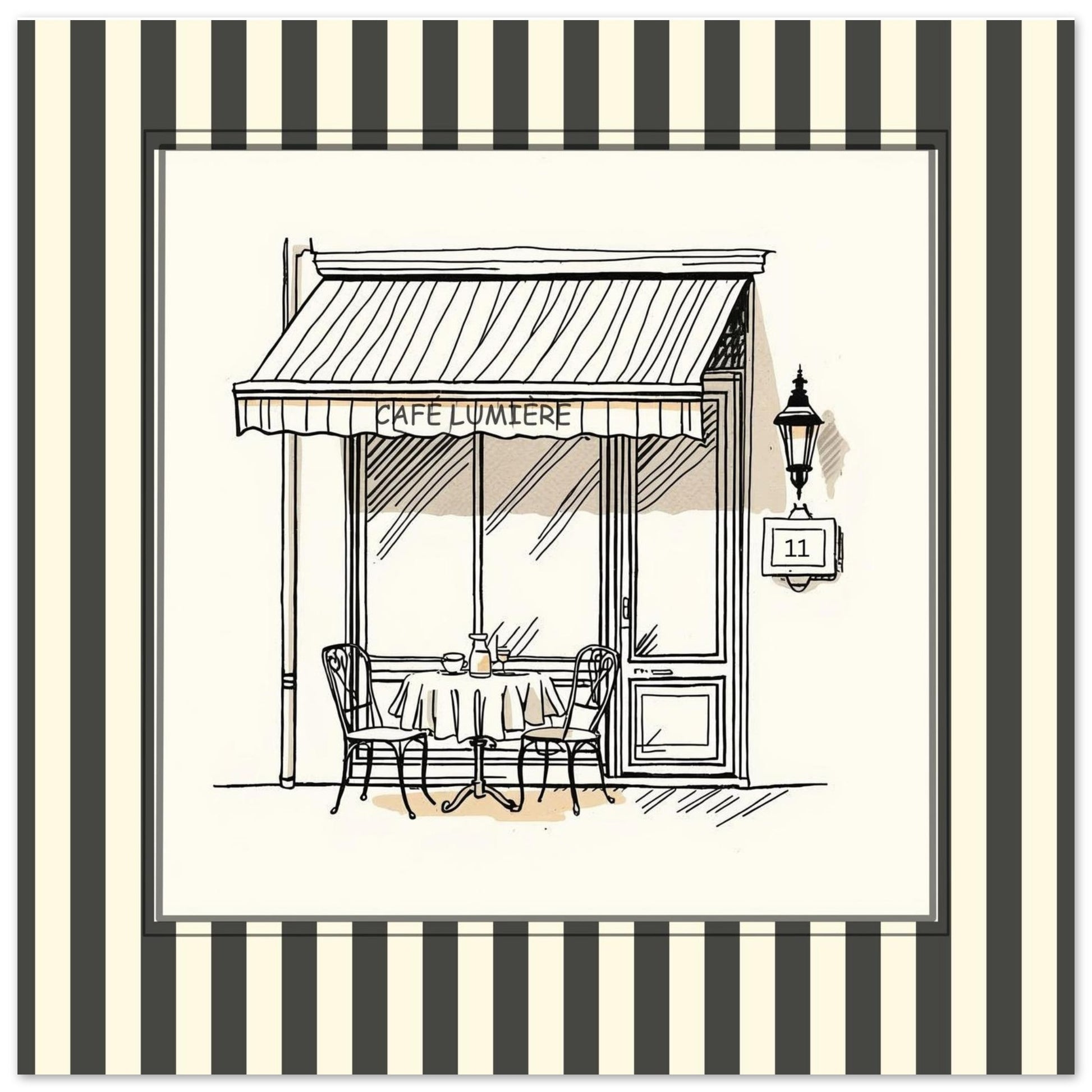 Close-up of Café Lumière Paris square art print with striped border