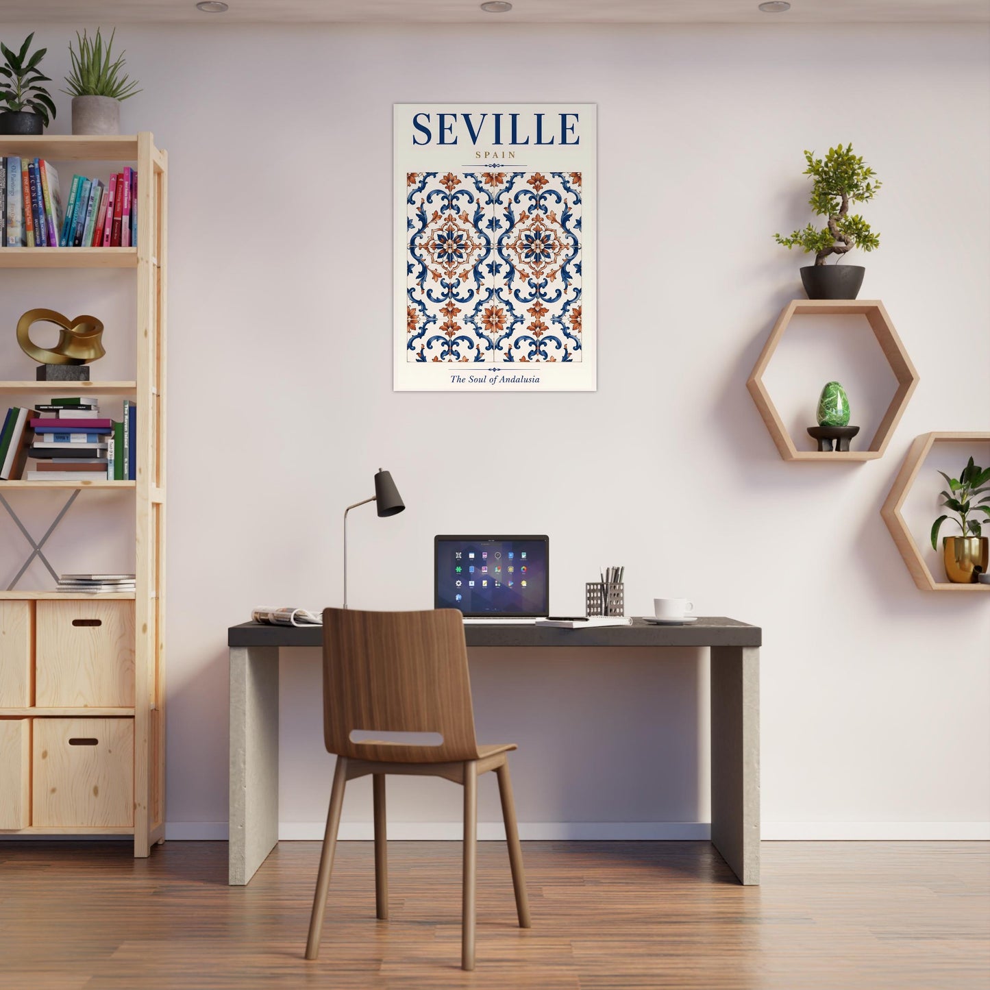 Seville tile poster displayed in a bright modern living space with a floor lamp, plants and neutral furniture.