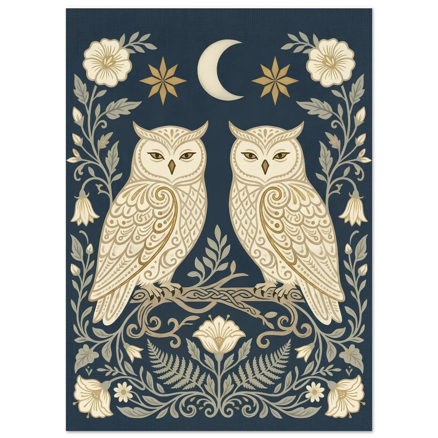 Close-up of Owls & Moonflowers wall art featuring symmetrical cream owls, moonflowers and celestial details on a navy background.