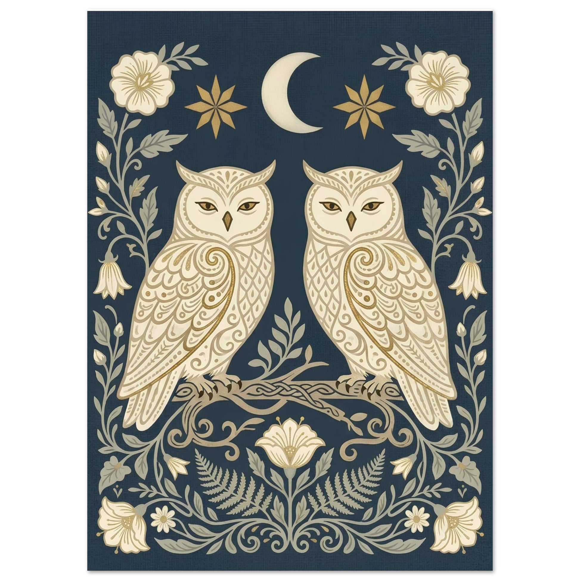 Close-up of Owls & Moonflowers wall art featuring symmetrical cream owls, moonflowers and celestial details on a navy background.