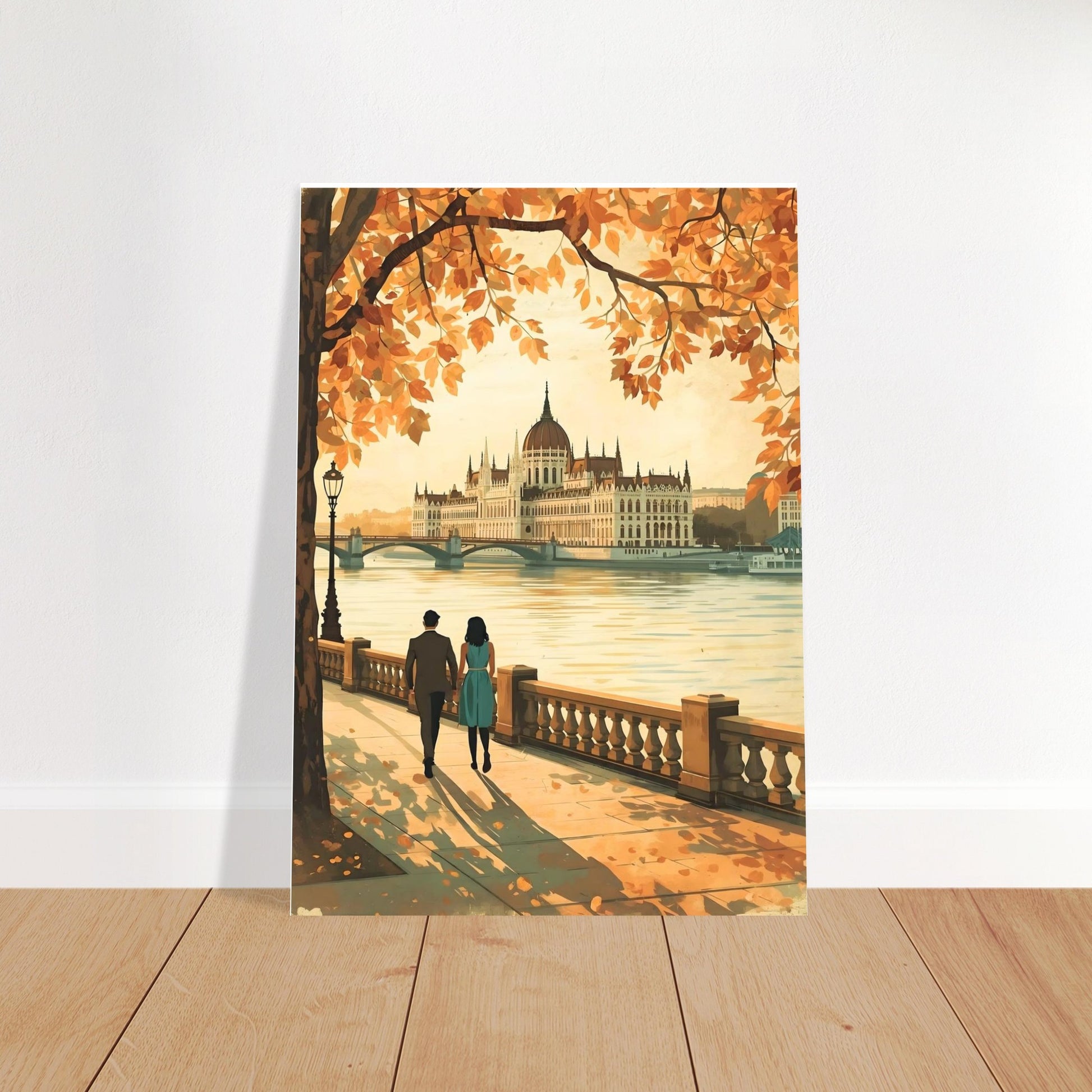 Budapest autumn wall decor print with couple and Danube riverside scene