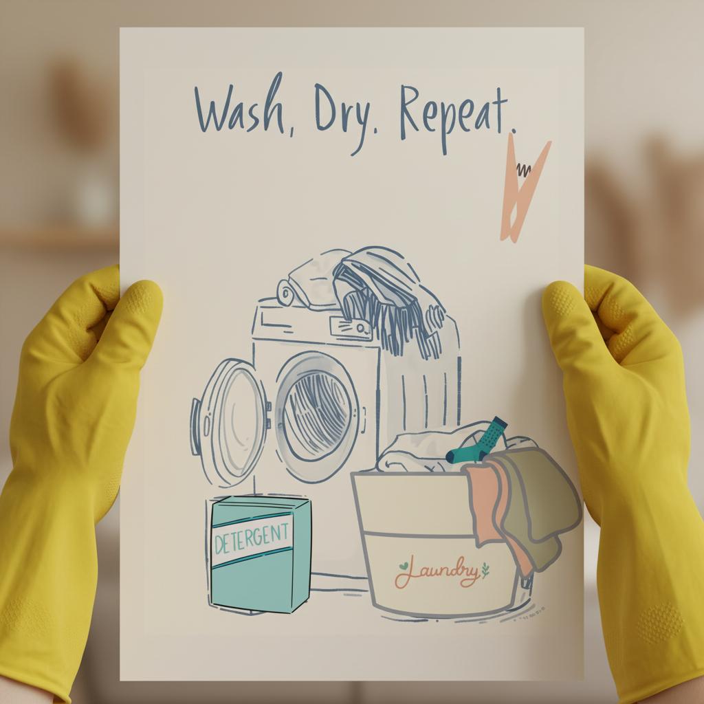Hands holding a sheet of paper with a laundry-themed illustration and text 'Wash, Dry, Repeat'.