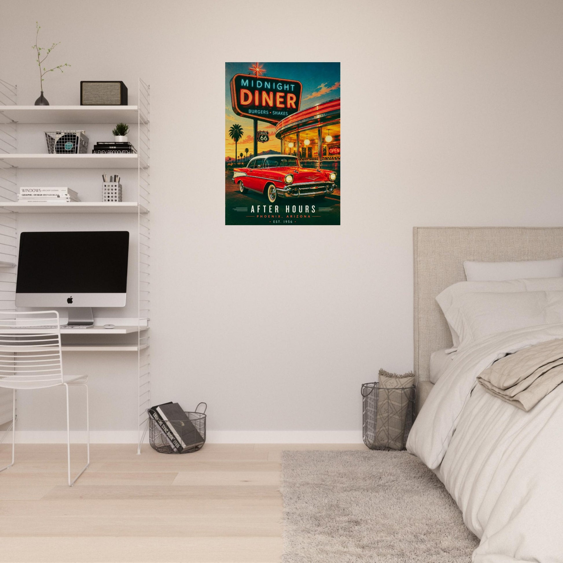 Poster of a diner on the wall above a bed in a room with a desk and computer.