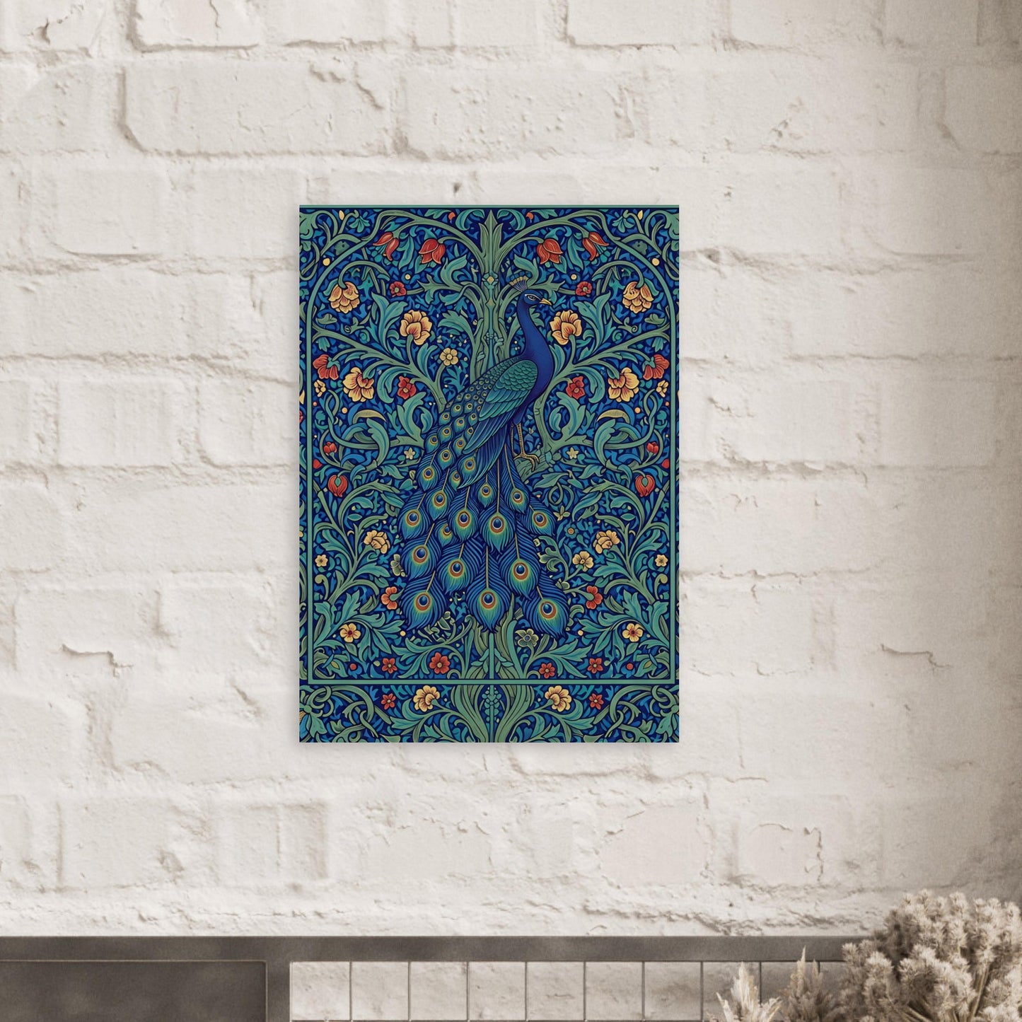 Jewel-toned peacock wall art displayed against a white brick wall with intricate blue, teal and floral detailing.