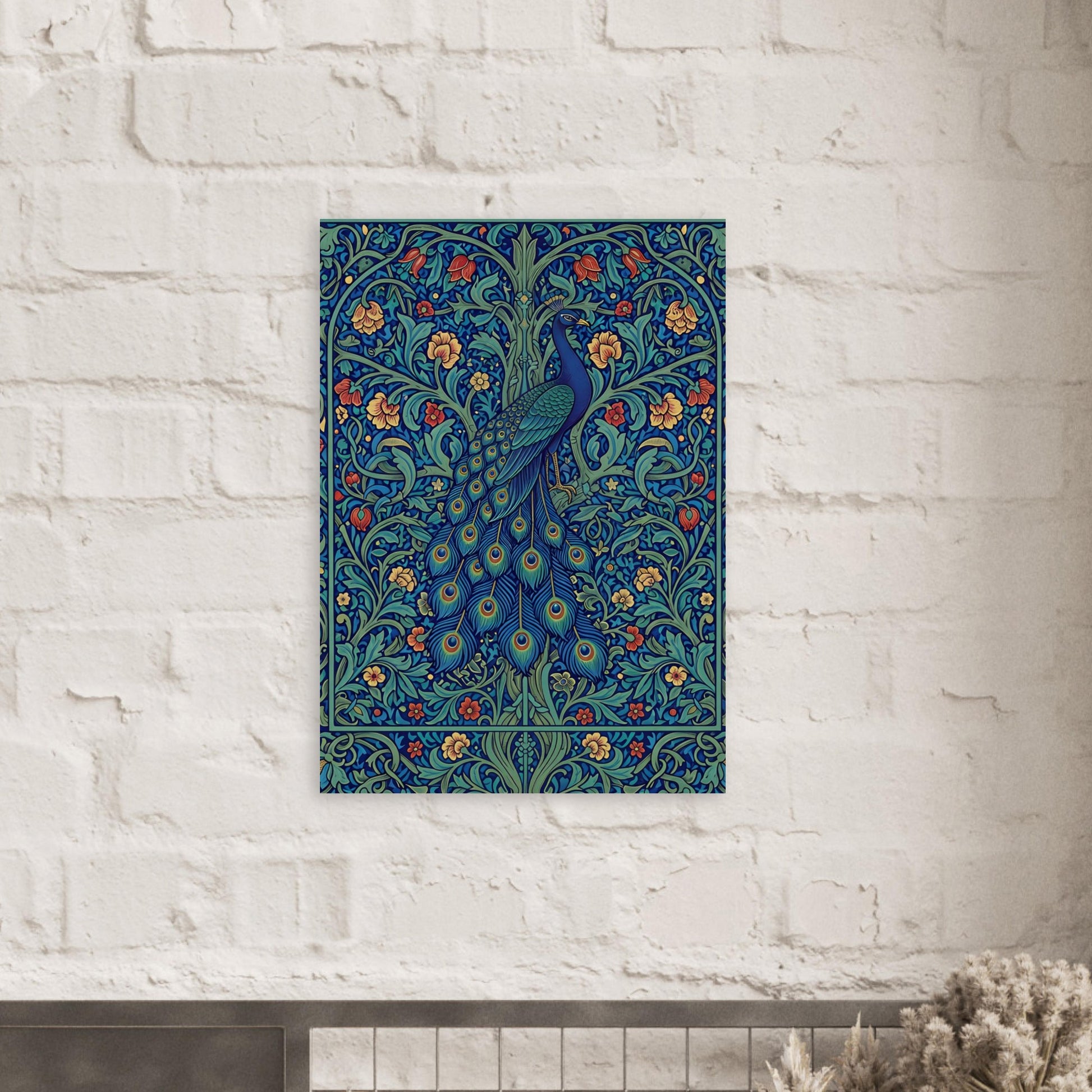 Jewel-toned peacock wall art displayed against a white brick wall with intricate blue, teal and floral detailing.