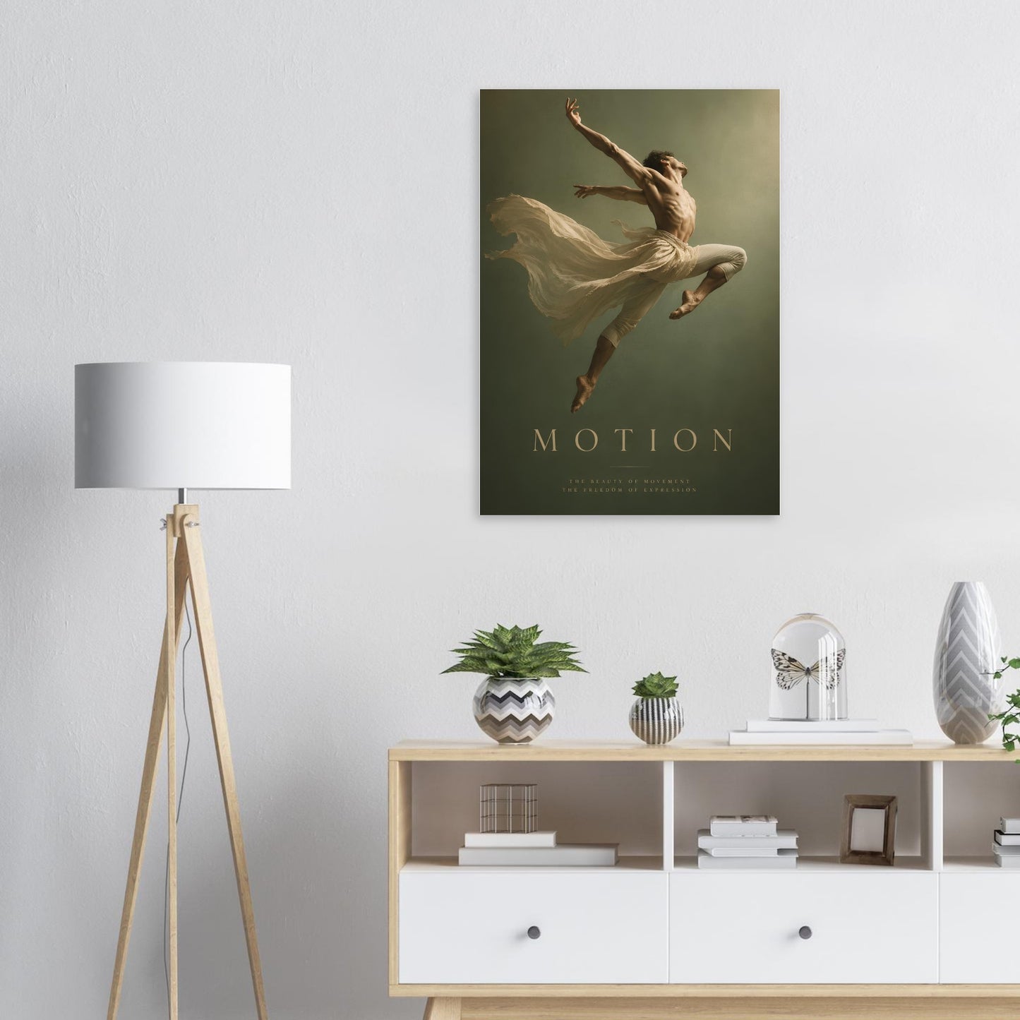Motion sage green dance poster displayed above a sideboard in a contemporary living room with minimalist décor and soft lighting
