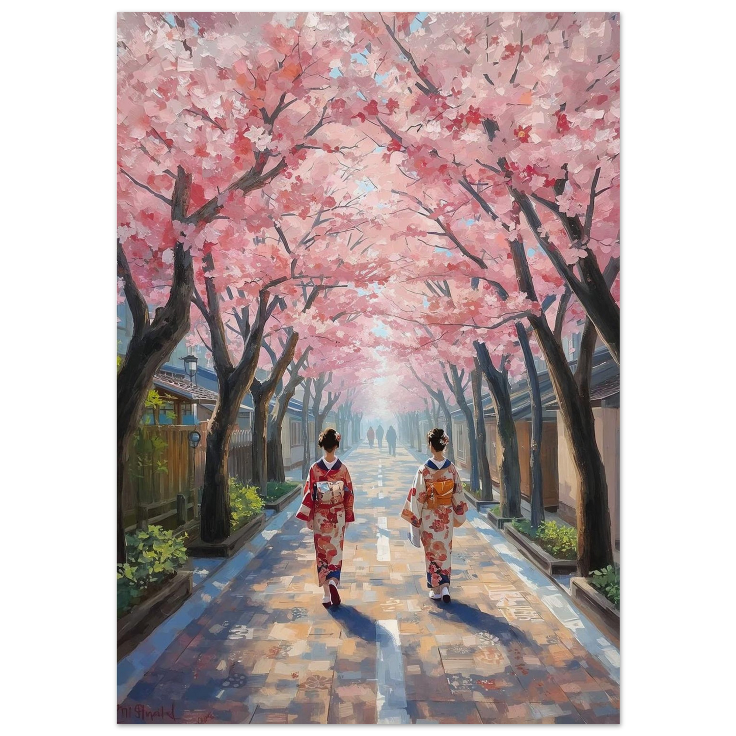 Poster of Two women in traditional Japanese kimono walking under cherry blossom trees.