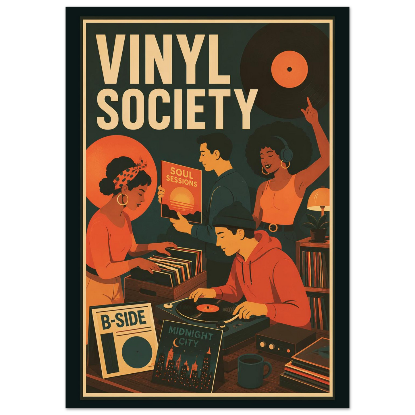 A retro-style poster or art print with the words “VINYL SOCIETY” at the top, showing illustrated people gathered around turntables and records in warm orange, cream, and dark teal tones.