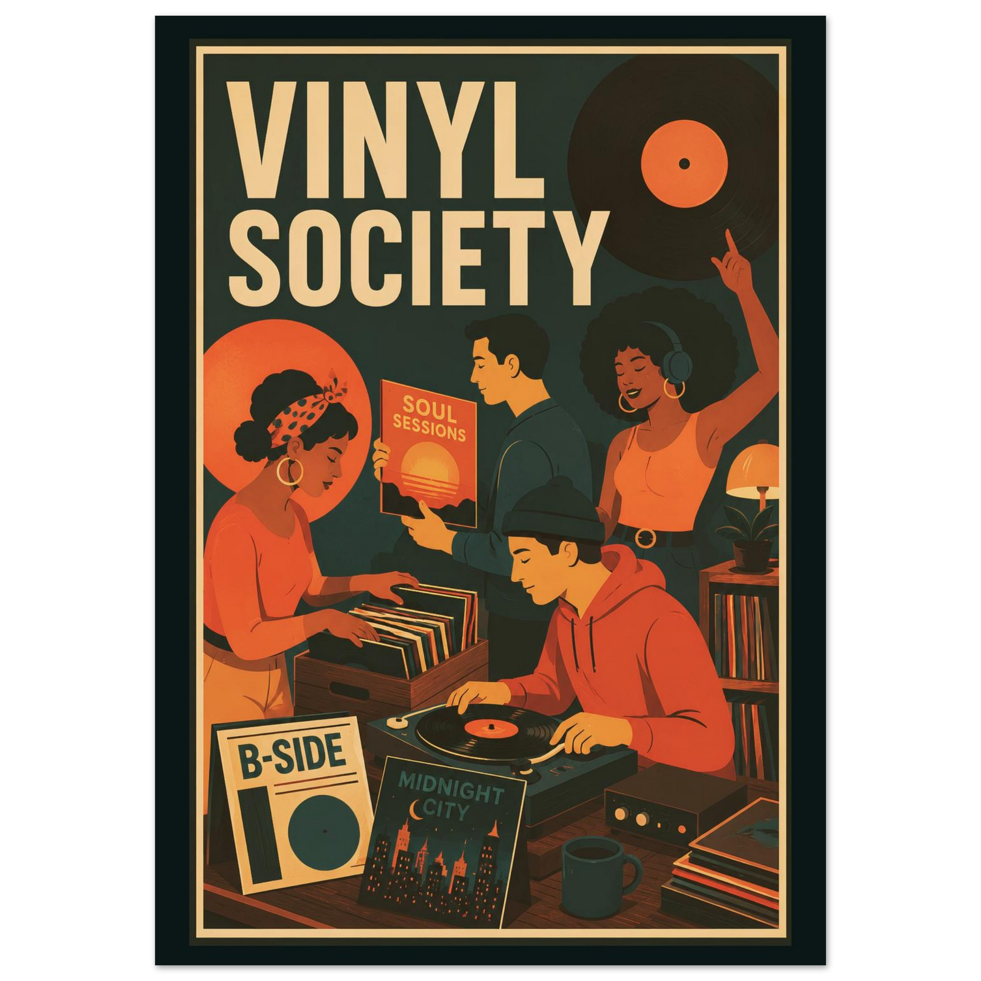 A retro-style poster or art print with the words “VINYL SOCIETY” at the top, showing illustrated people gathered around turntables and records in warm orange, cream, and dark teal tones.