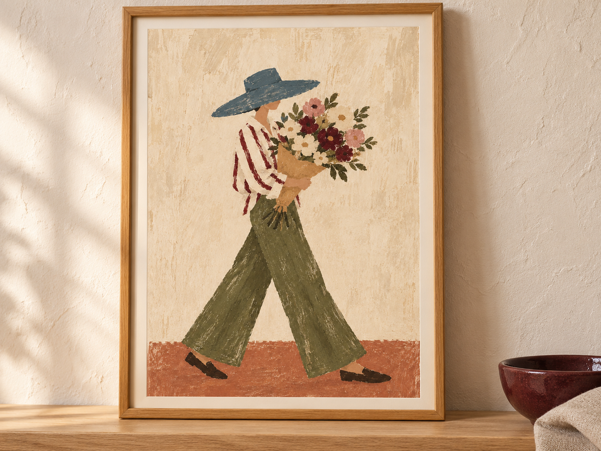 A framed art print featuring a folk-art style illustration of a person in a blue hat, red-and-white striped shirt, and green pants carrying a bouquet of flowers, displayed on a wooden surface against a textured beige wall.