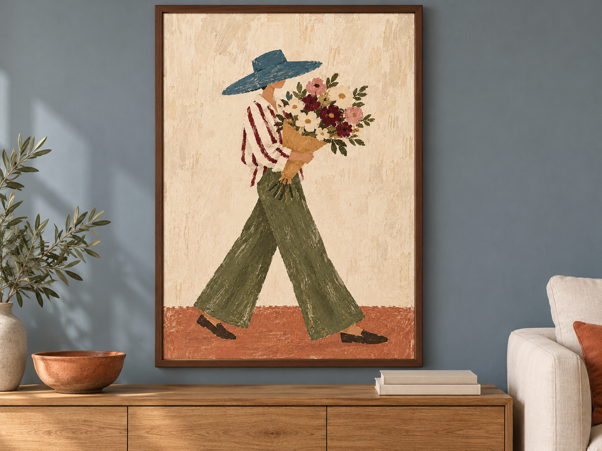 A framed folk-art style print of a person carrying a bouquet of flowers, hanging on a blue-gray wall above a wooden console table in a styled room.