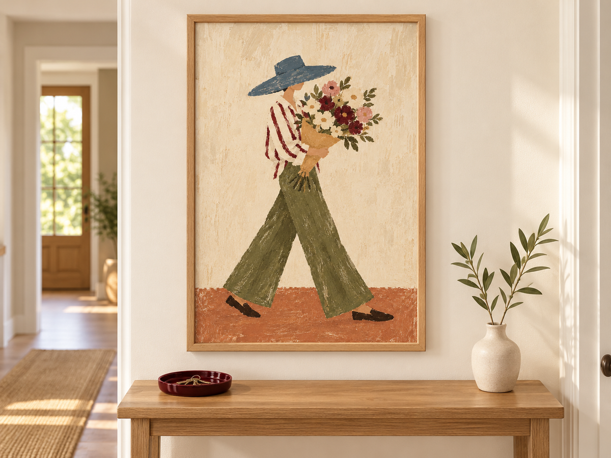 A framed art print depicting a woman in a blue hat and striped shirt carrying flowers, hanging on a white wall above a wooden console table with a vase and tray.