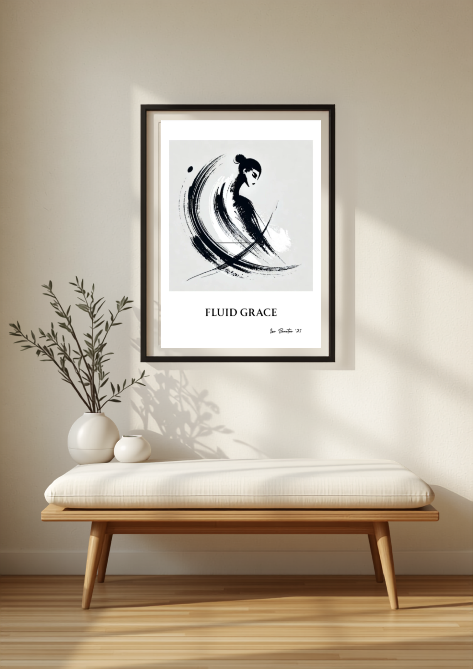 Fluid Grace abstract black and white Japandi wall art displayed in a modern minimalist living room with warm neutral décor and natural wood furnishings.