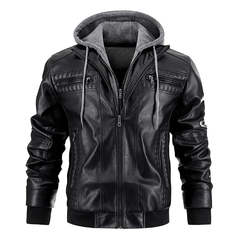 Black leather jacket with gray hood on a white background