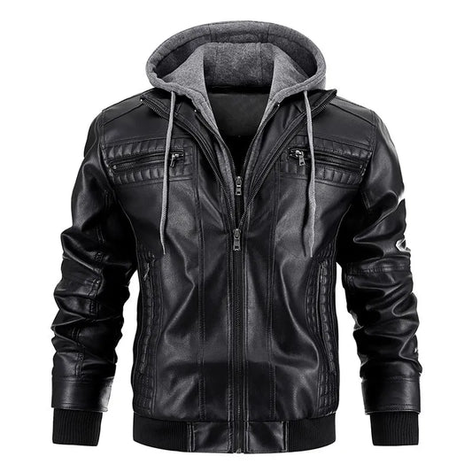 Black leather jacket with gray hood on a white background