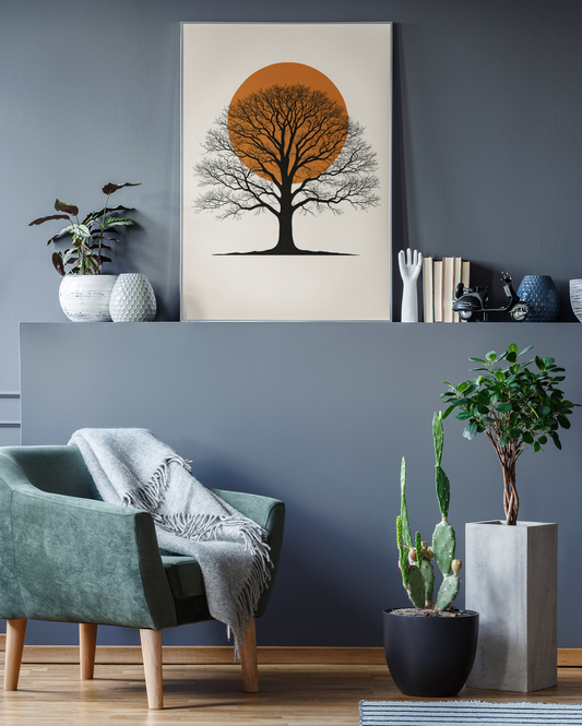 Framed orange sun oak tree poster hanging on a grey wall, minimalist silhouette design with warm tones, styled in a modern living room.