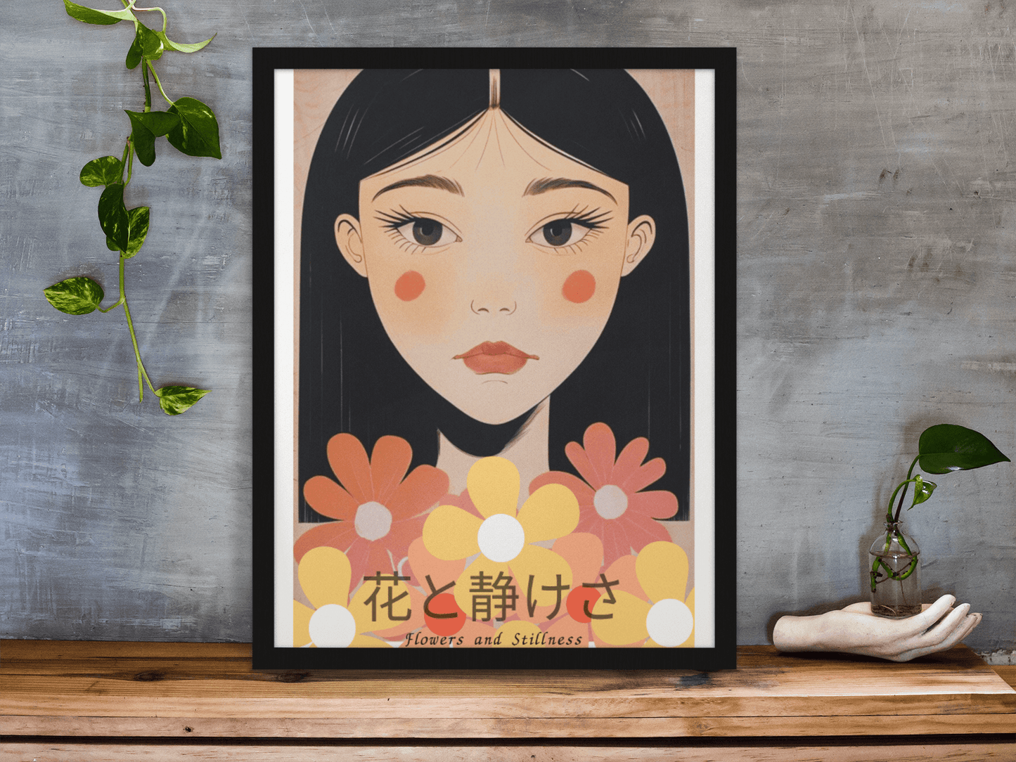 Framed art print of a serene woman with floral accents from the 'Flowers and Stillness' collection, standing on a wooden desk against a textured grey wall with plants.