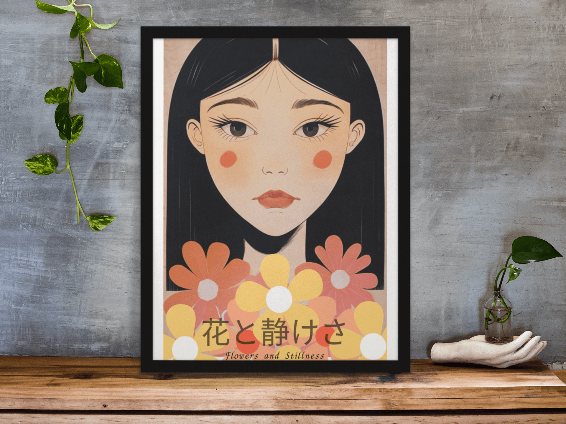 Framed art print of a serene woman with floral accents from the 'Flowers and Stillness' collection, standing on a wooden desk against a textured grey wall with plants.
