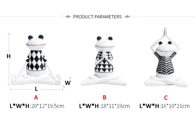 Three Frog Yoga Figurine with measurements on a white background