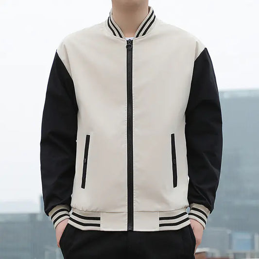 White and black varsity jacket with a blurred background