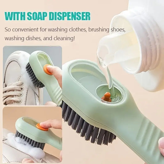 Green handheld cleaning brush with built-in soap dispenser shown washing shoes, pouring liquid soap, and scrubbing surfaces for multi-use cleaning.