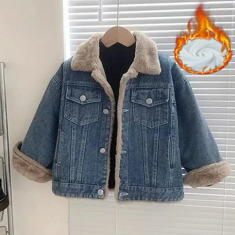 Denim jacket with fur lining on a hanger against a neutral background