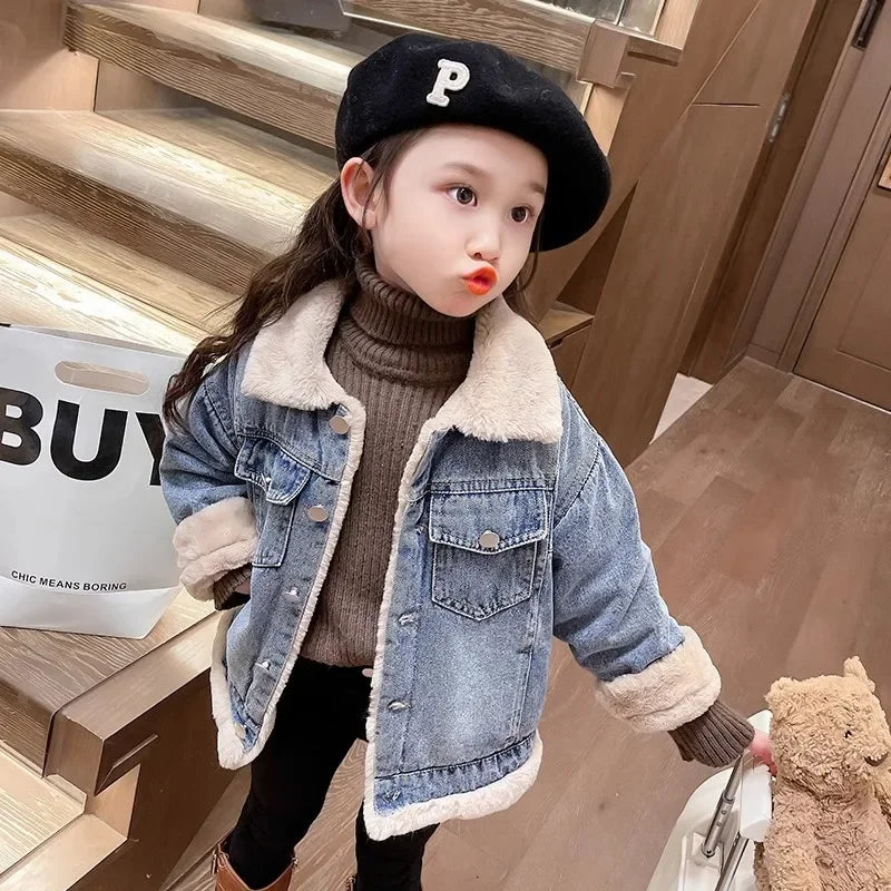Child wearing a denim jacket with white fur lining, brown sweater, and black cap indoors.