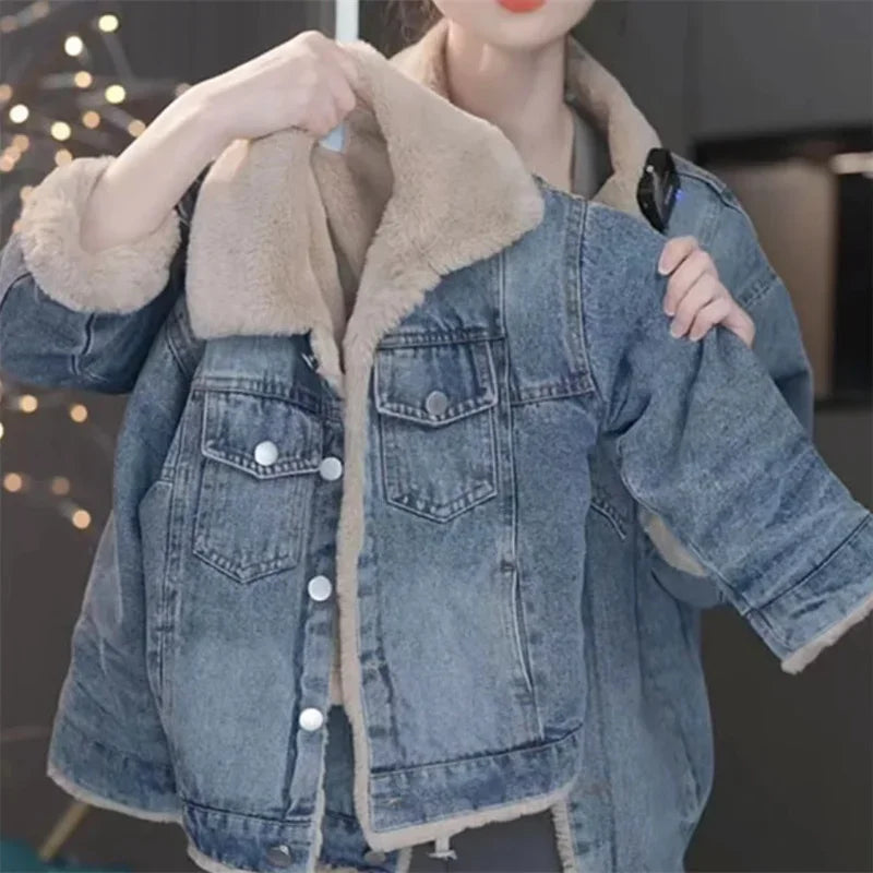 Girls’ fleece-lined denim jacket  – warm winter outerwear for ages 4–12.