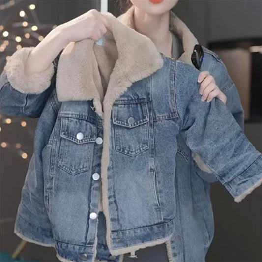 Girls’ fleece-lined denim jacket  – warm winter outerwear for ages 4–12.