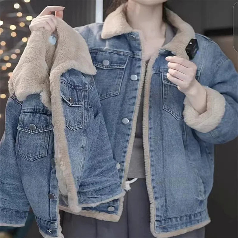 Denim jacket with beige fleece lining held by a person against a blurred background
