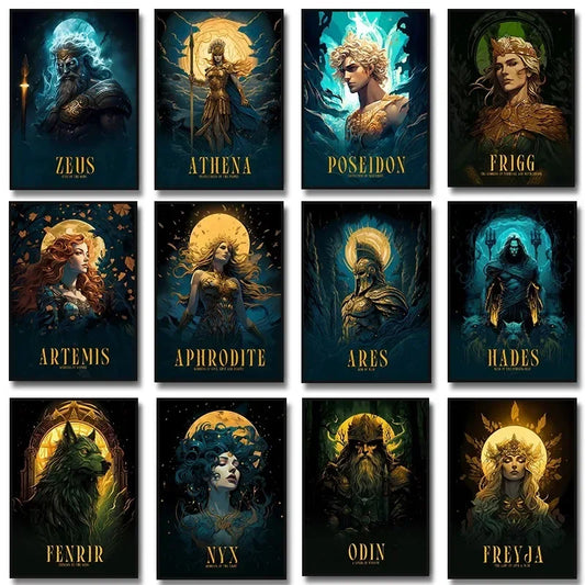 Greek and Norse gods wall art poster set featuring Zeus, Athena, Odin, and Freyja