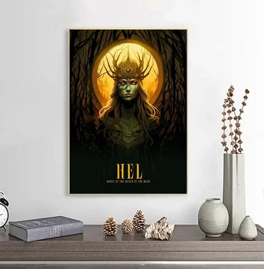 Framed artwork of a character with 'HEL' on a wall above a shelf with decorative items.