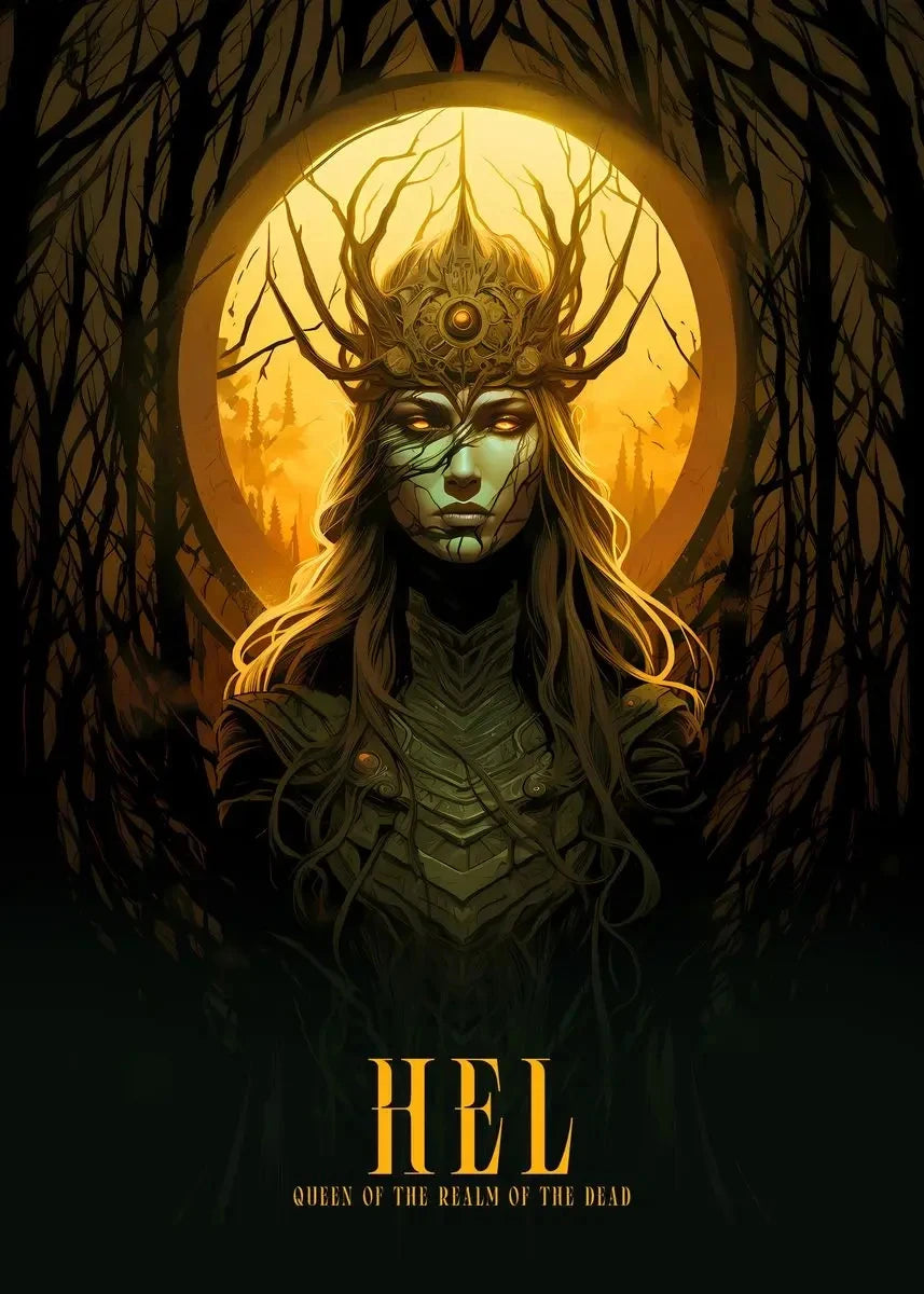Illustration of Hel, Queen of the Realm of the Dead, with a dark, forest-like background.