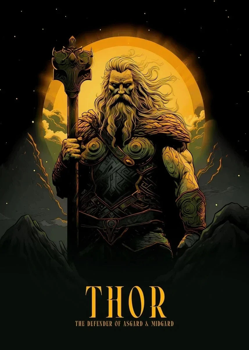 Illustration of Thor holding a hammer with a dark background