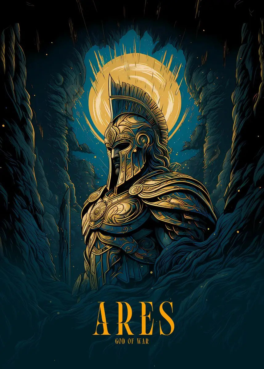 Illustration of Ares, the God of War, in a dark, forest-like setting with a glowing orb above.