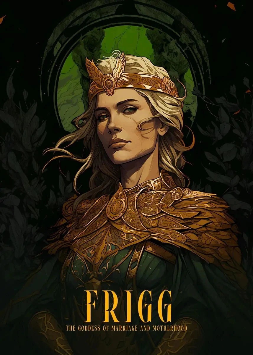 Illustration of a character named Frigg with warrior attire and a crown, set against a dark background.