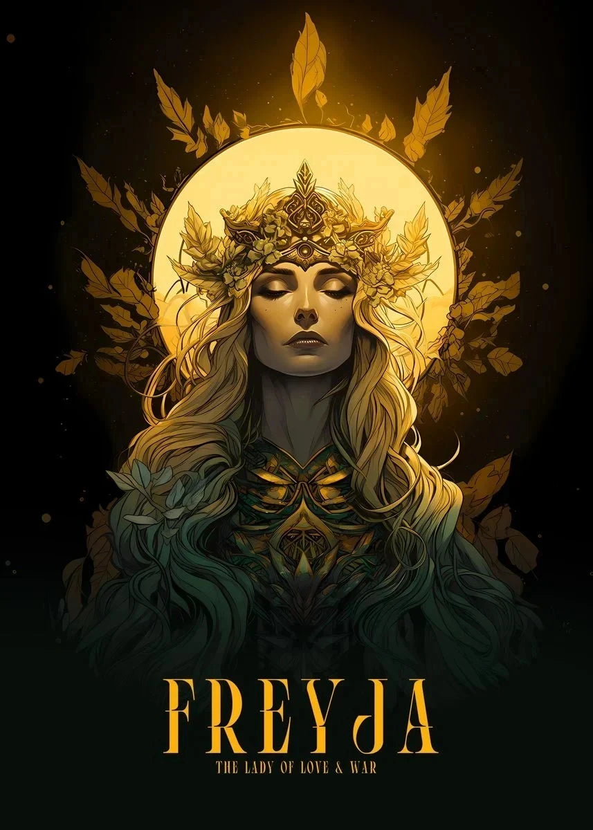 Illustration of Freyja with a golden headdress and leaves, set against a dark background.