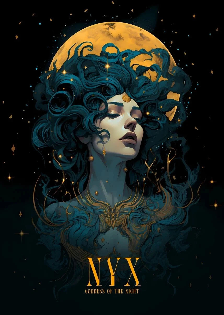 Illustration of a woman with blue hair and a moon in her hair, with 'NYX' at the bottom.