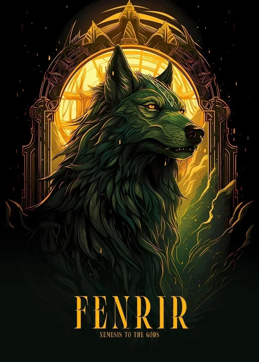 Illustration of a green wolf-like creature named Fenrir with a golden arch in the background.